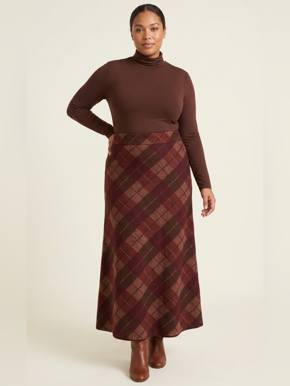 Notations Burgundy and Brown Plaid A-Line Skirt #85